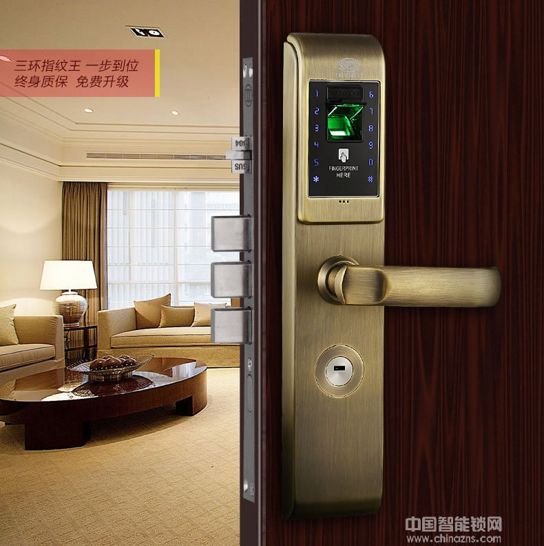 三環(huán)指紋鎖 全304不銹鋼智能鎖 防盜門(mén)入戶(hù)門(mén)密碼鎖
