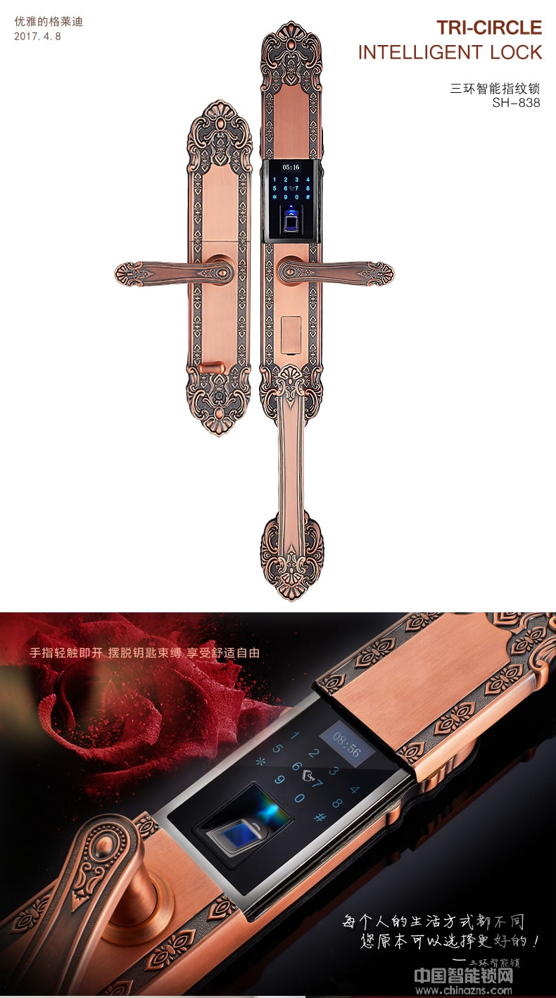三環指紋鎖 歐式復古別墅大門密碼鎖 雙開門電子鎖