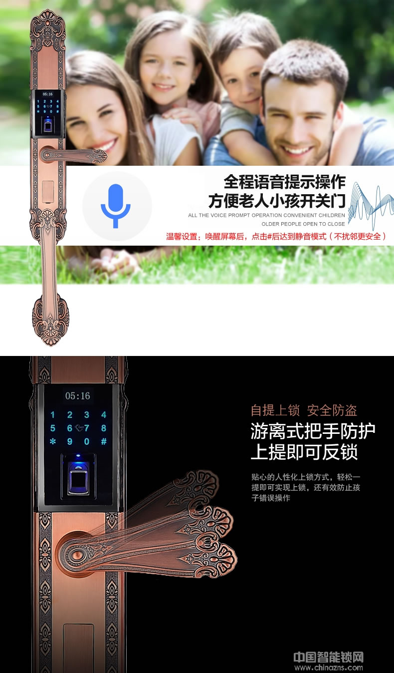 三環指紋鎖 歐式復古別墅大門密碼鎖 雙開門電子鎖