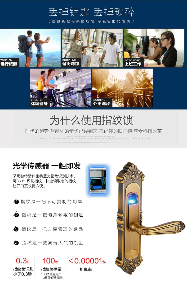 三環(huán)指紋鎖 寫字樓辦公室指紋鎖 臥室實木執(zhí)手門鎖