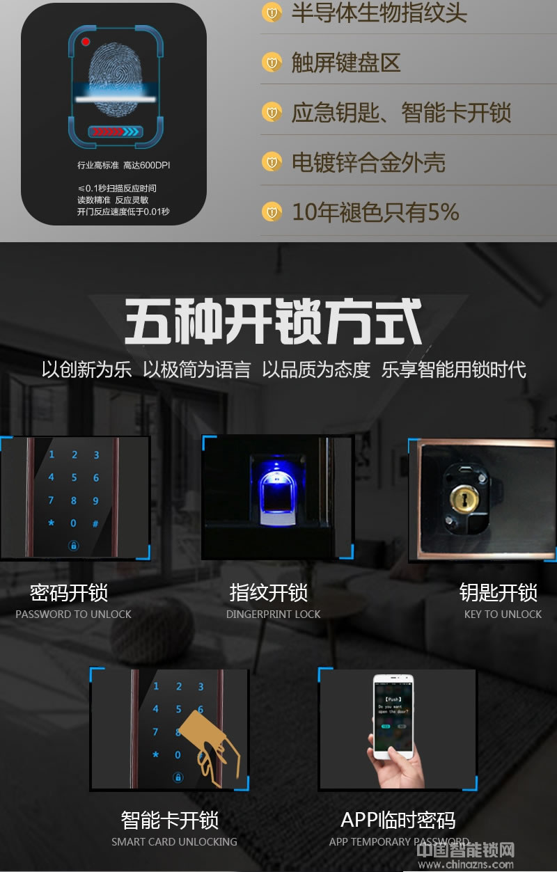 克諾雷智能鎖 五合一開(kāi)門(mén)智能鎖 智能感應(yīng)密碼鎖