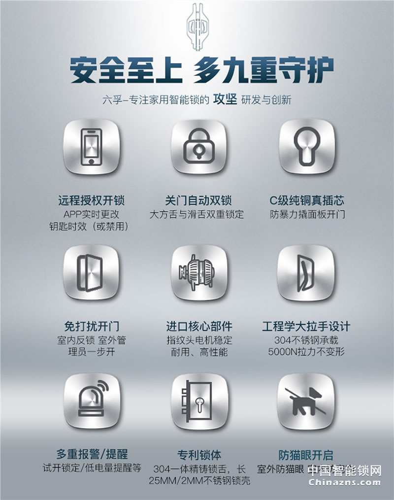 六孚指紋鎖 柏拉圖指紋防盜鎖 自動鎖門/觸摸翻蓋/遠程微信開門