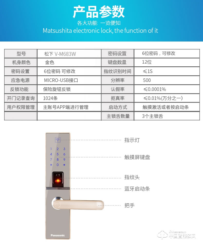 松下指紋鎖 V-M683w防盜門鎖智能電子鎖