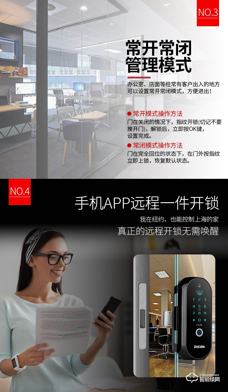 祖程智能鎖 辦公室玻璃門免開孔智能鎖