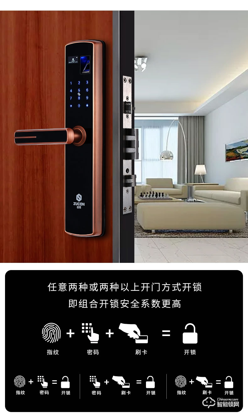 祖程智能鎖 家用防盜門指紋密碼刷卡鎖