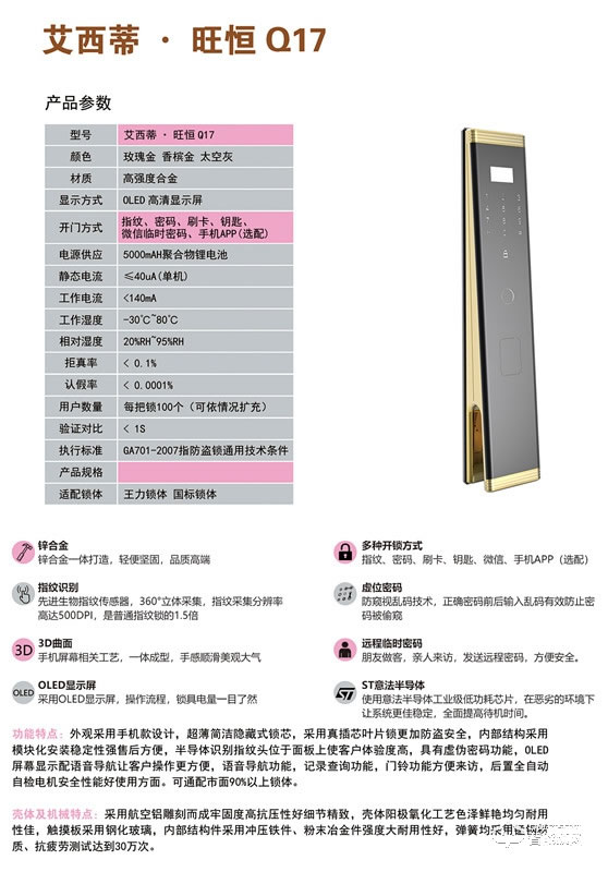 艾西蒂智能鎖 Q17高清顯示屏防盜智能鎖