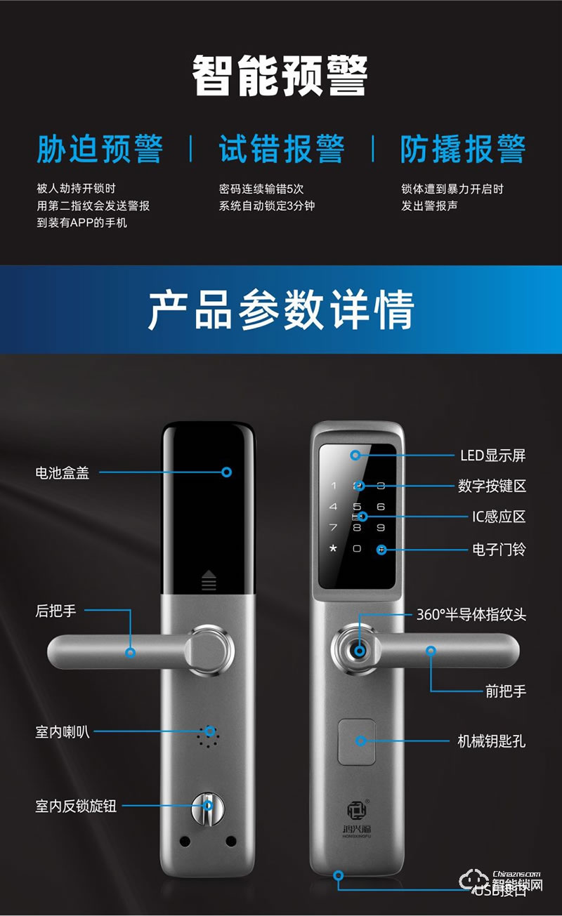 鴻興福智能鎖 V6一鍵開鎖智能指紋鎖