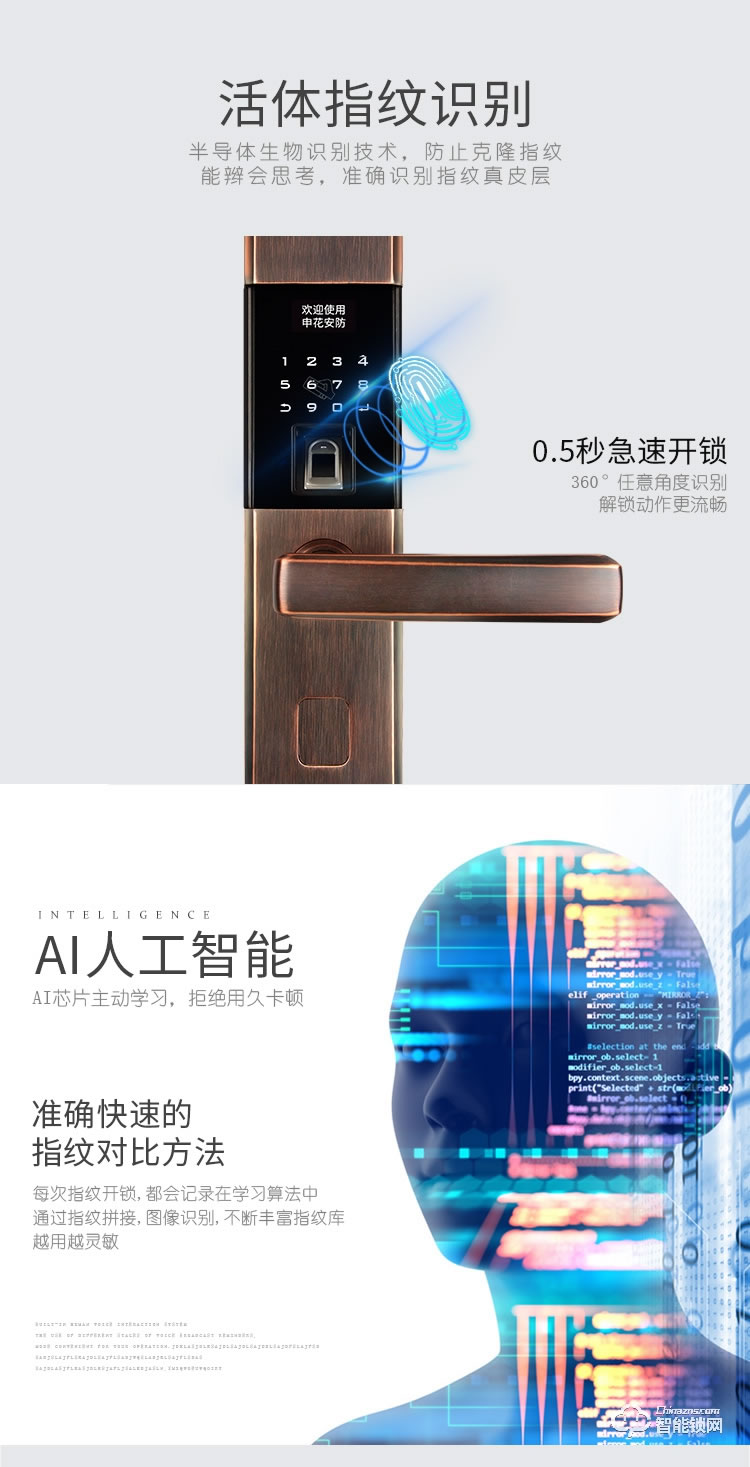 復旦申花智能鎖 E5防盜門智能滑蓋密碼刷卡鎖