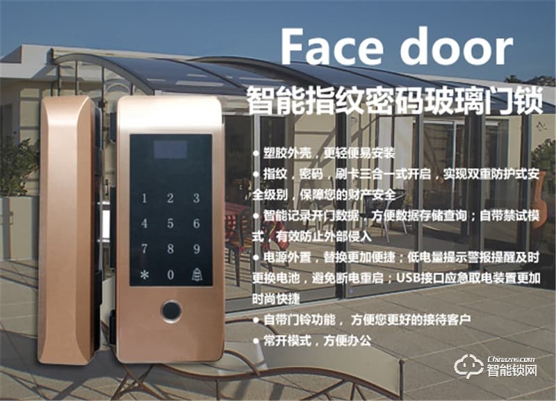 中祥Facedoor智能鎖 F19-D1指紋密碼玻璃門鎖