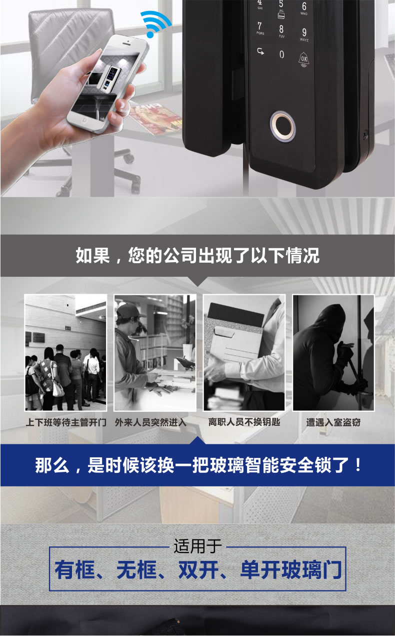 新視圖智能鎖 X380雙門免開孔玻璃門指紋鎖