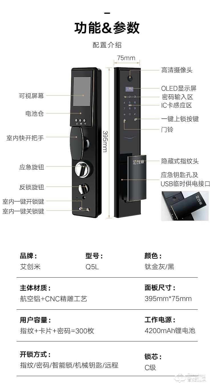 艾創(chuàng)米智能鎖 Q5L監(jiān)控攝像頭視頻貓眼指紋鎖