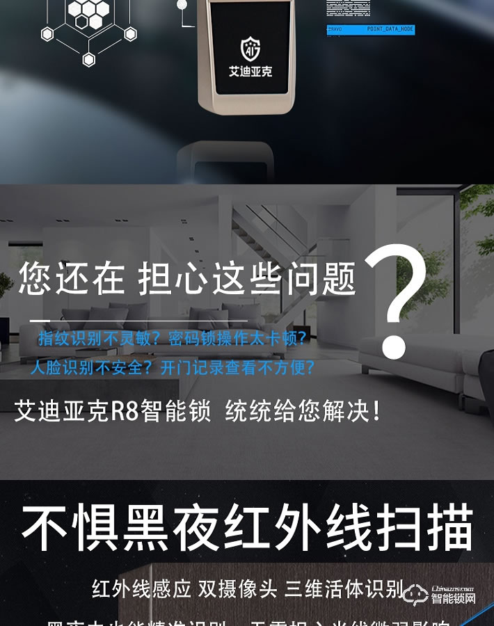 艾迪亞克智能鎖 R8人臉識別門鎖貓眼電子指紋鎖