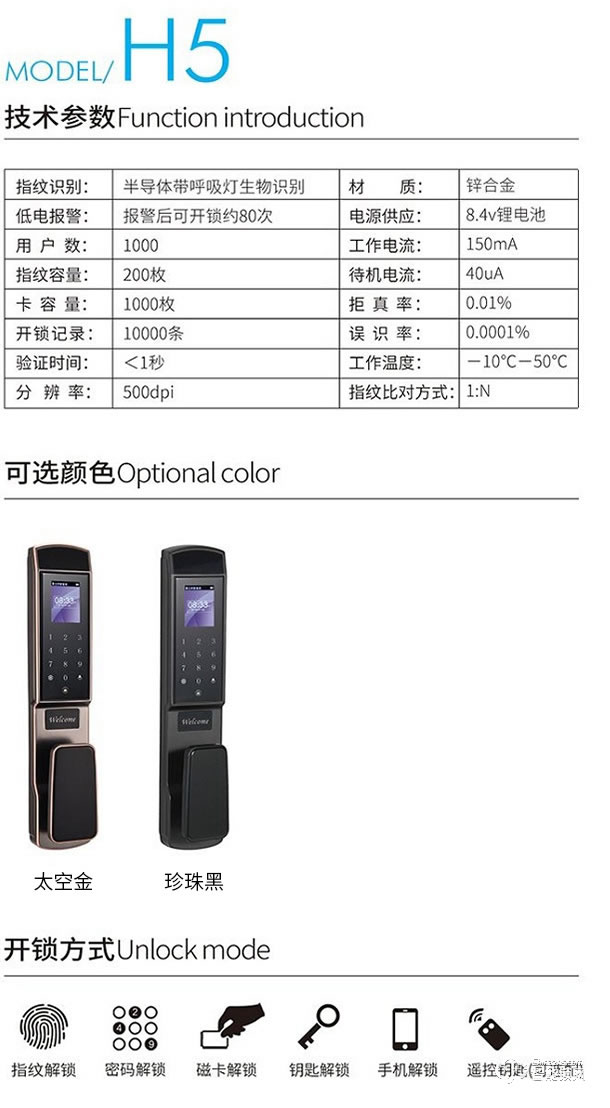 嘉仕邦半導體指紋傳感器智能鎖H5生物識別技術