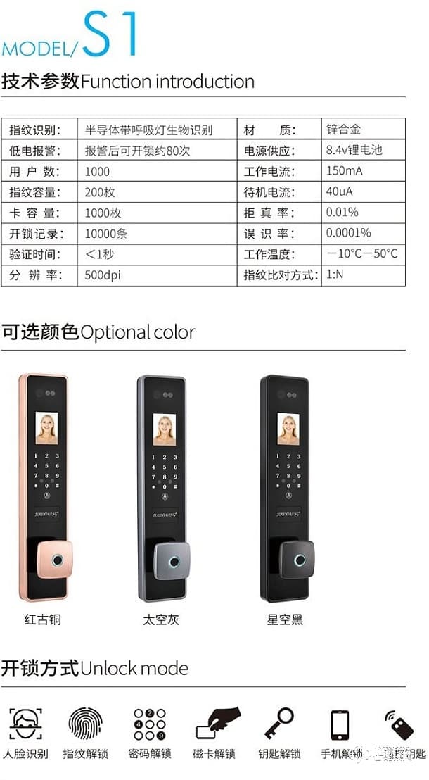 嘉仕邦人臉識(shí)別智能鎖S1 生物識(shí)別 防復(fù)制