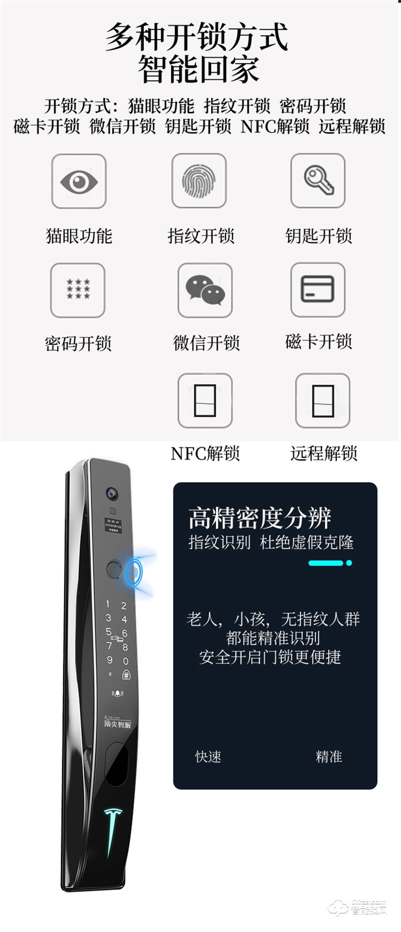 頂尖智派特斯拉全自動貓眼智能鎖 全自動一鍵解鎖
