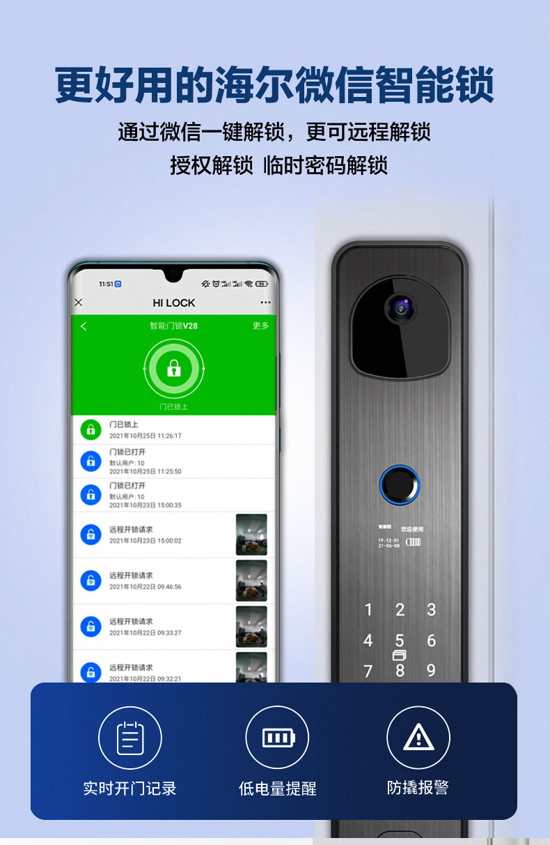 海爾智能鎖28V可視貓眼指紋鎖家用防盜門密碼鎖V28