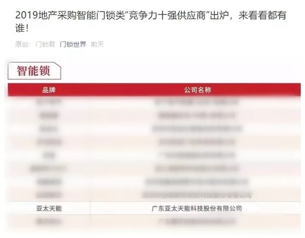 亞太天能獲選指紋鎖供應商行業(yè)競爭力十強